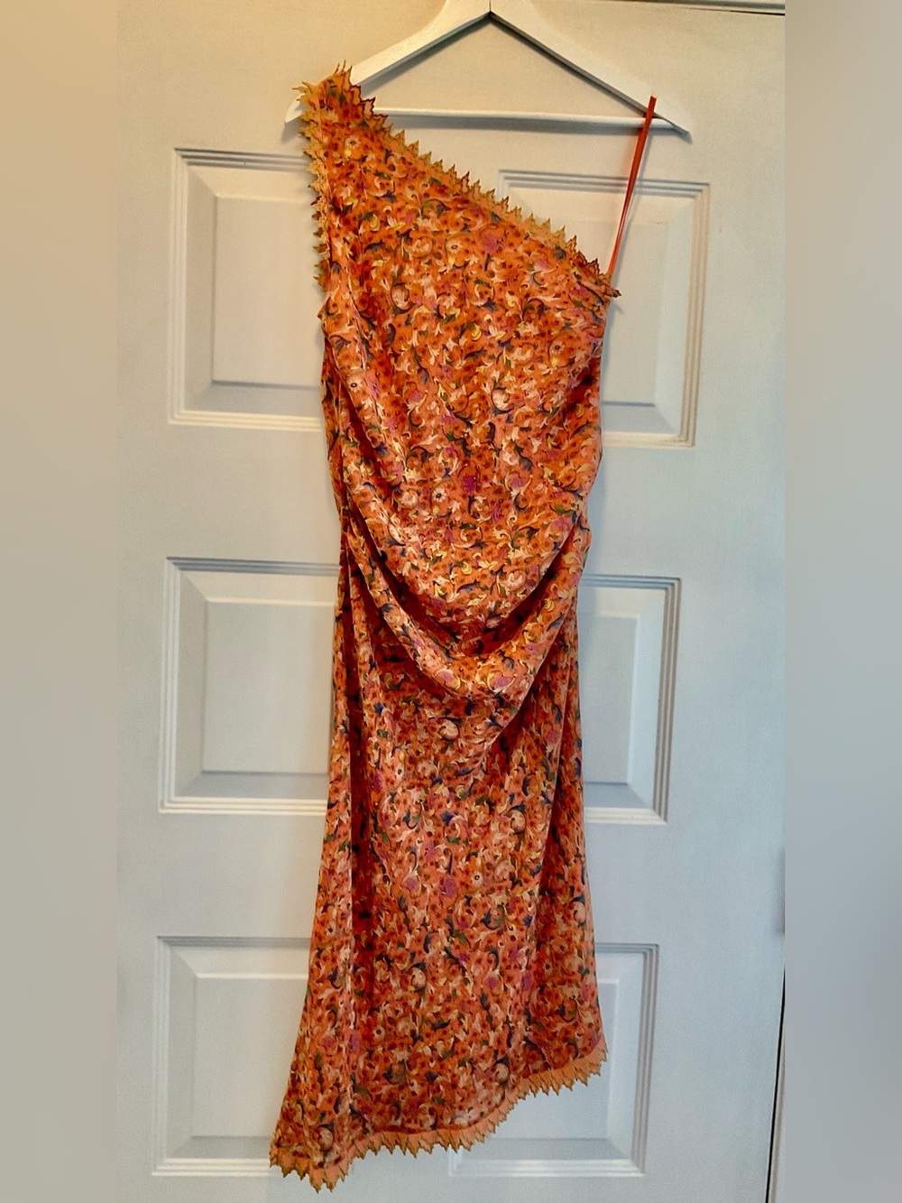 Catherine Malandrino 100% Silk One-Shoulder Dress Floral Feather Print Design🧡
